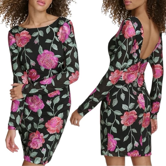 Siena Floral Embroidered Long Sleeve Cocktail Dress - Black Pink - Size 4 - NWT - Picture 1 of 5